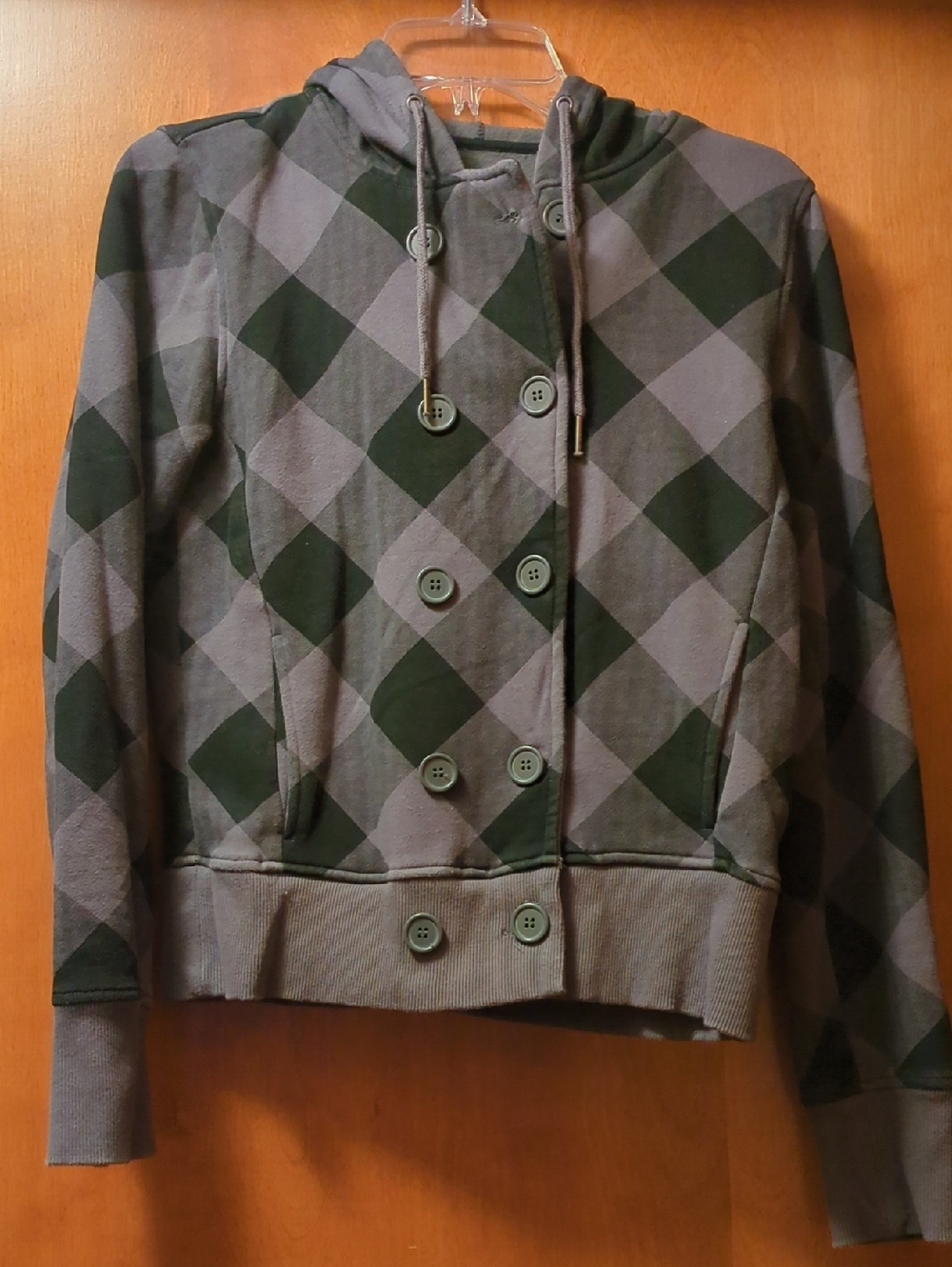 Nollie Gray and Black Checkered Double-Breasted Hooded Sweatshirt